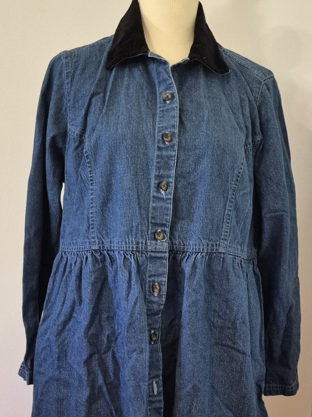 Vintage 90s Eddie Bauer M Petite Denim Jean Shirt Dress Velvet Collar Drop Waist
